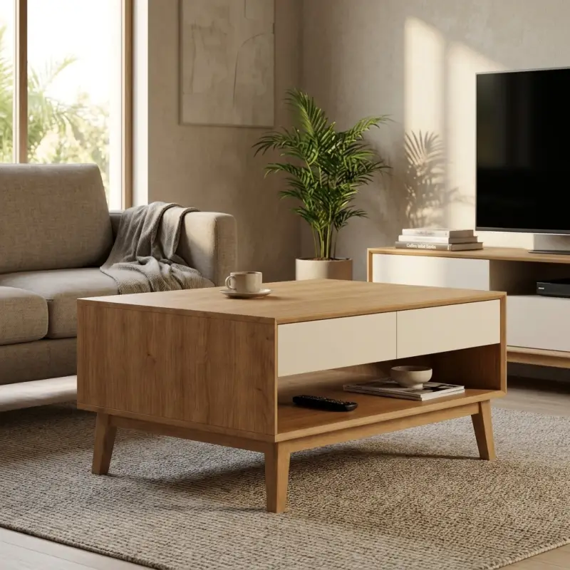 Coffee Table Kayu Skandinavian dengan Laci dan Rak Terbuka [3]