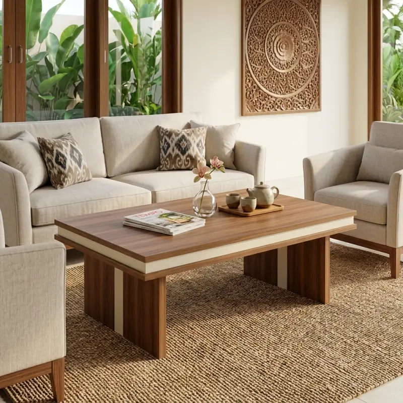 Coffee Table Kayu Walnut Aksen Krem Panel Kaki Solid [3]