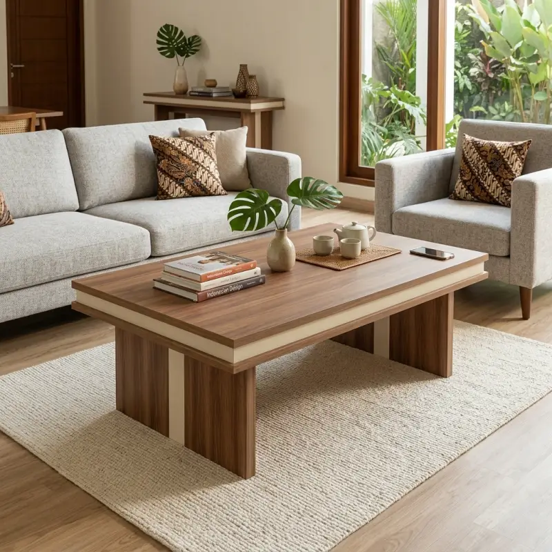 Coffee Table Kayu Walnut Aksen Krem Panel Kaki Solid [4]