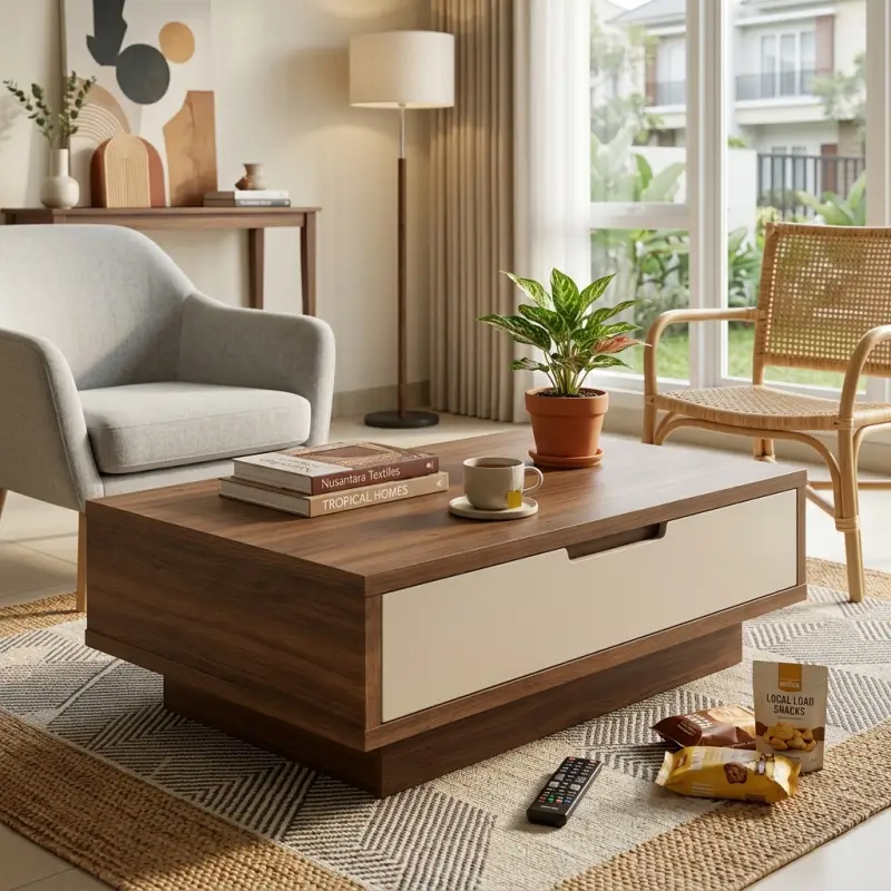 Coffee Table Kayu Walnut dengan Laci Tersembunyi Finishing Dua Warna [2]