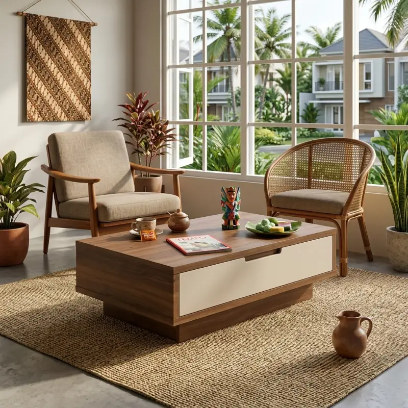 Coffee Table Kayu Walnut dengan Laci Tersembunyi Finishing Dua Warna [3]