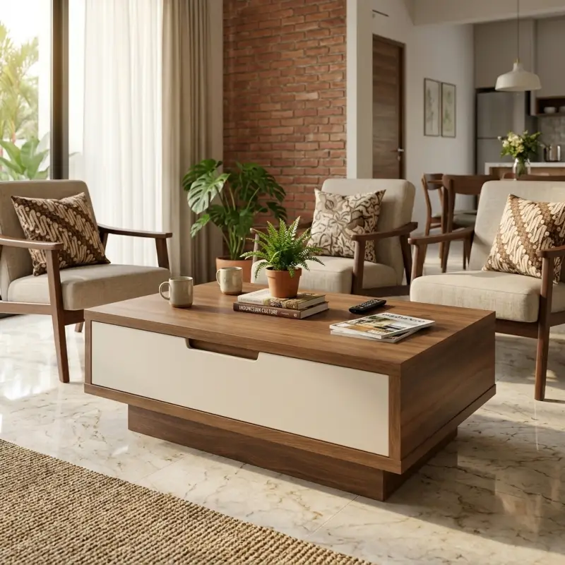 Coffee Table Kayu Walnut dengan Laci Tersembunyi Finishing Dua Warna [4]