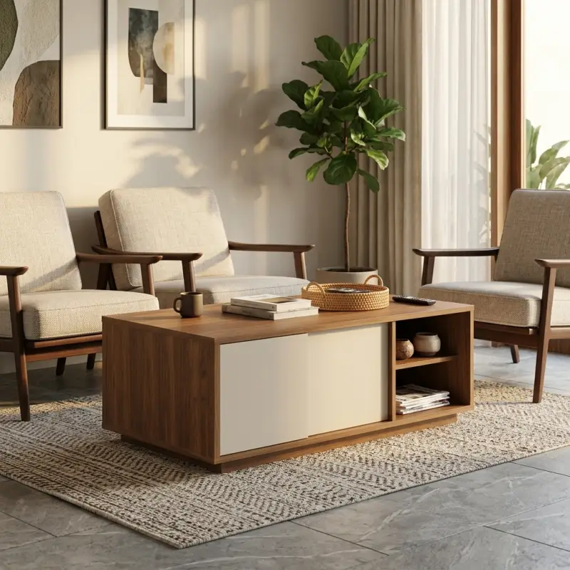 Coffee Table Kayu Walnut dengan Sliding Door dan Open Shelf [2]