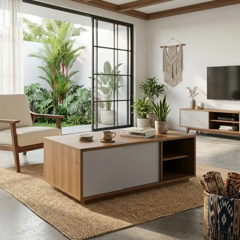 Coffee Table Kayu Walnut dengan Sliding Door dan Open Shelf [3]