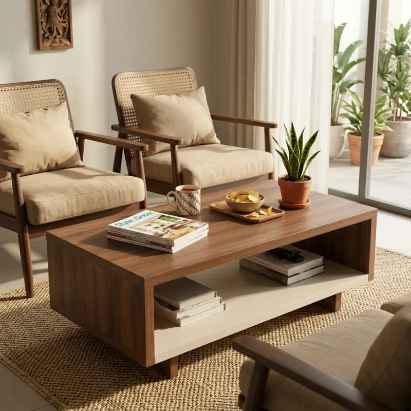 Coffee Table Kayu Walnut Rak Bawah Gaya Skandinavia [3]