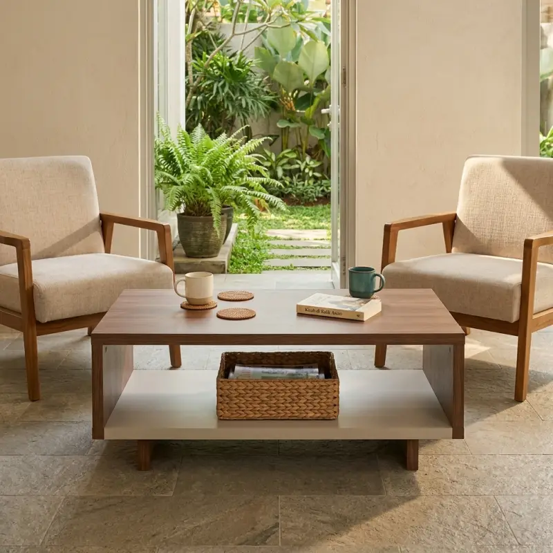 Coffee Table Kayu Walnut Rak Bawah Gaya Skandinavia [4]