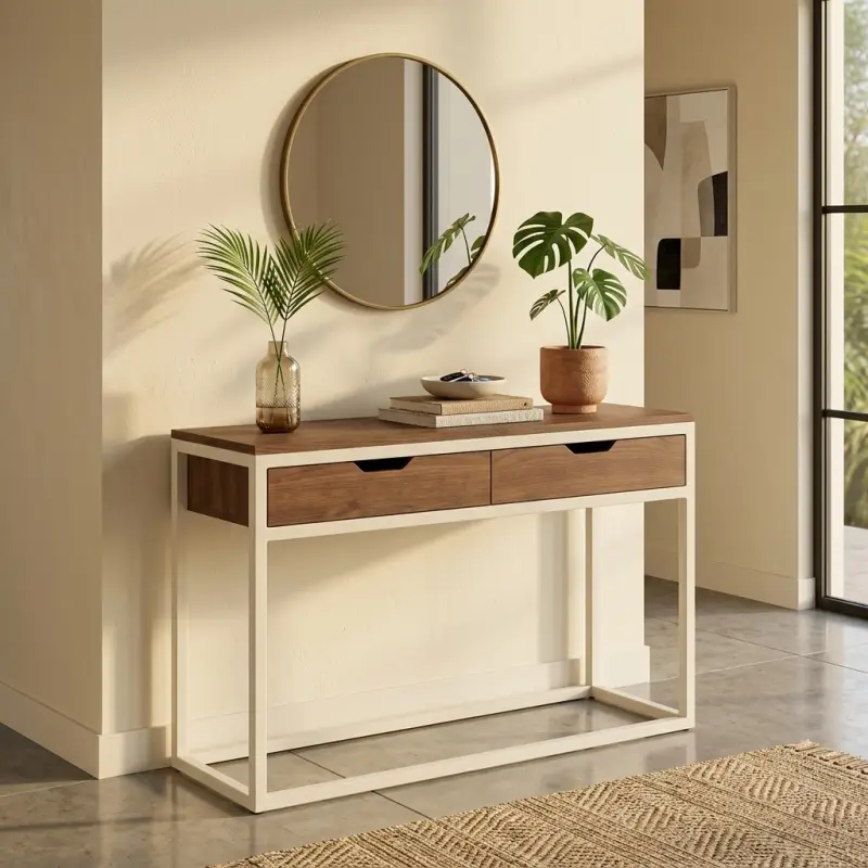Console Table Kayu 2 Laci Rangka Besi Putih Modern [2]