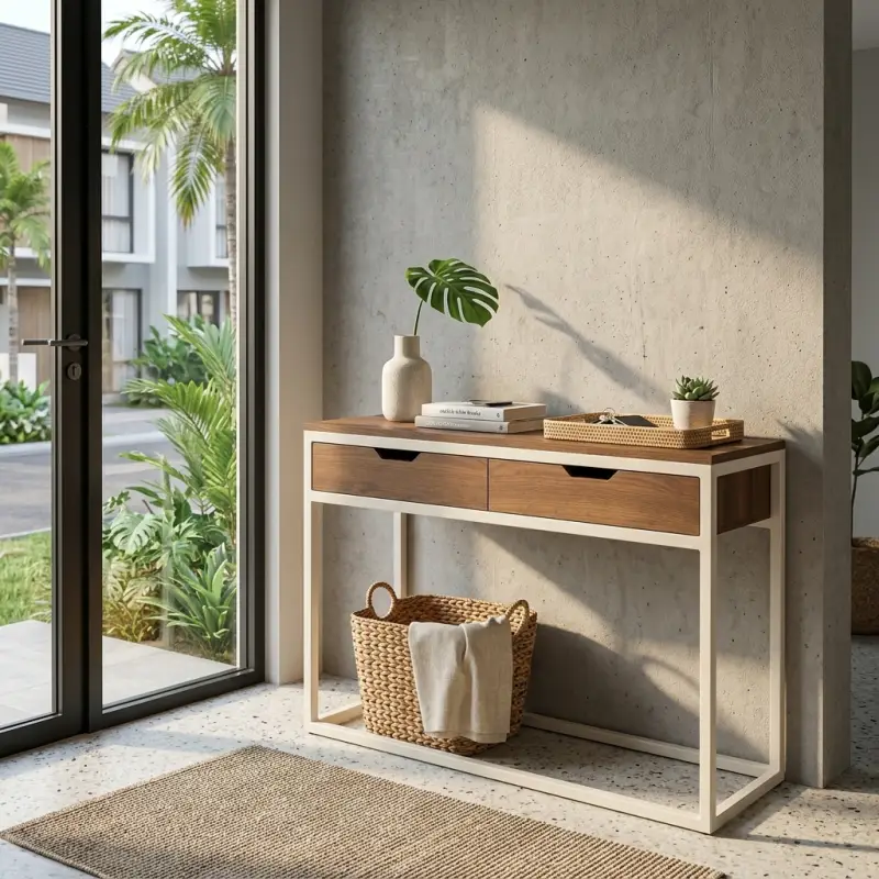 Console Table Kayu 2 Laci Rangka Besi Putih Modern [3]