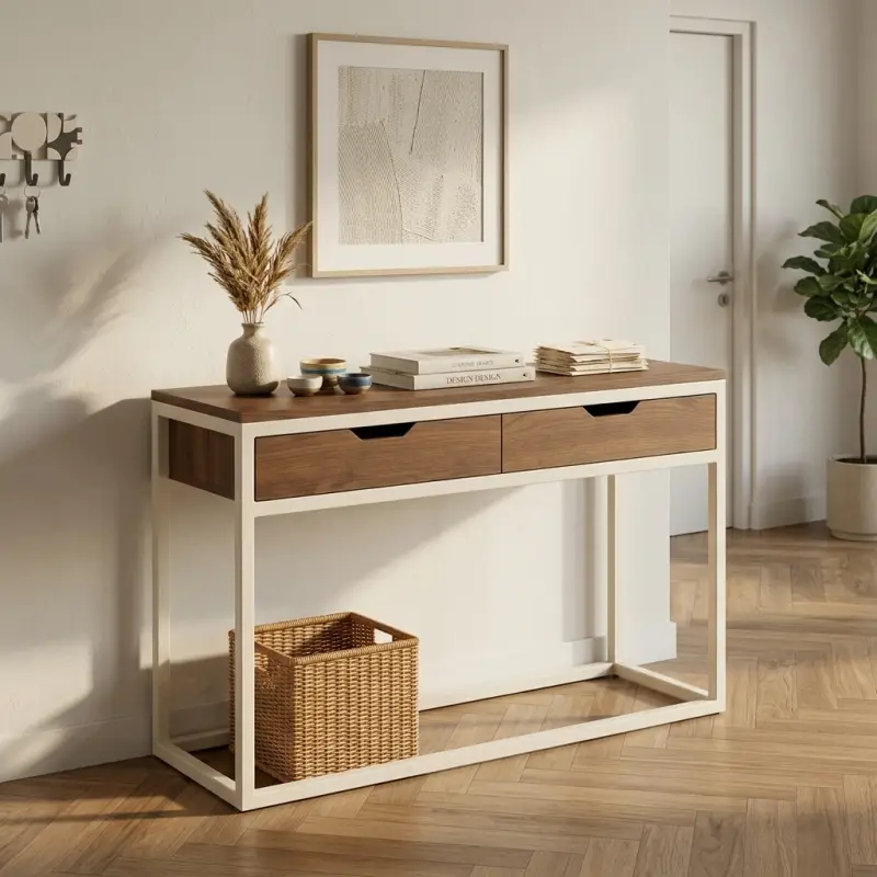 Console Table Kayu 2 Laci Rangka Besi Putih Modern [4]