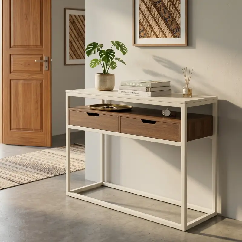 Console Table Rangka Besi Dua Laci Kayu Walnut [4]