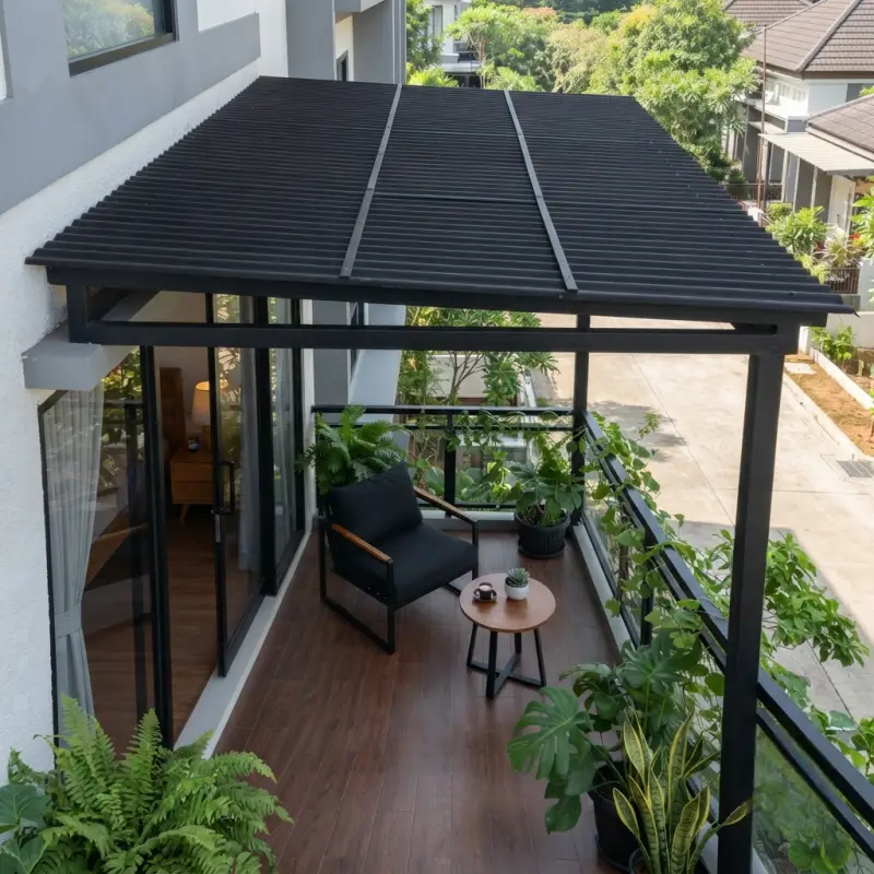 Kanopi Balkon Rangka Besi Hollow Atap Gelombang Hitam Matte [3]