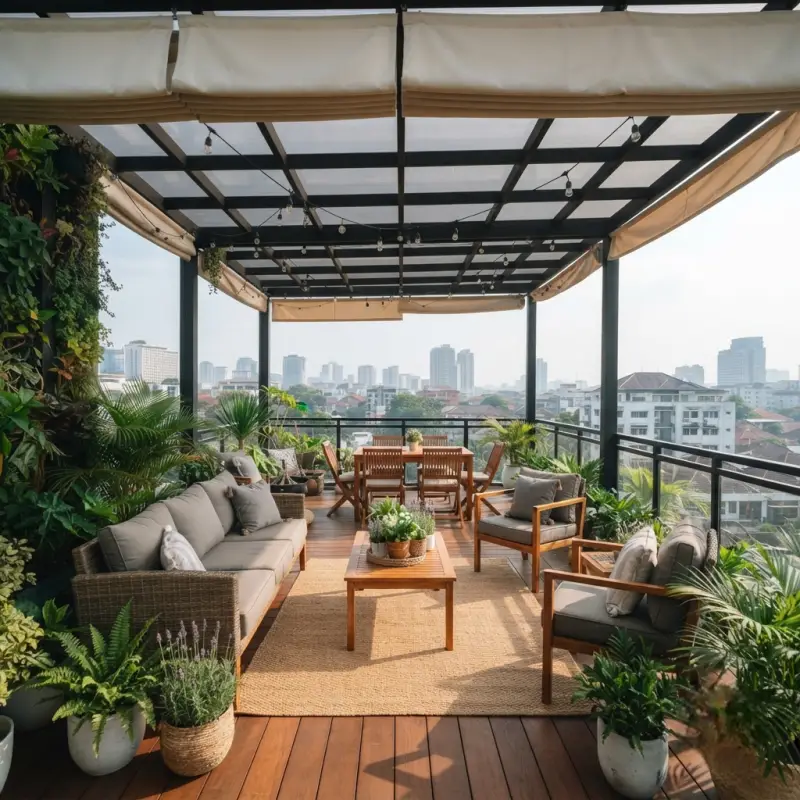 Kanopi Balkon Rooftop Rangka Besi Hollow Atap Polycarbonate & Kain [2]