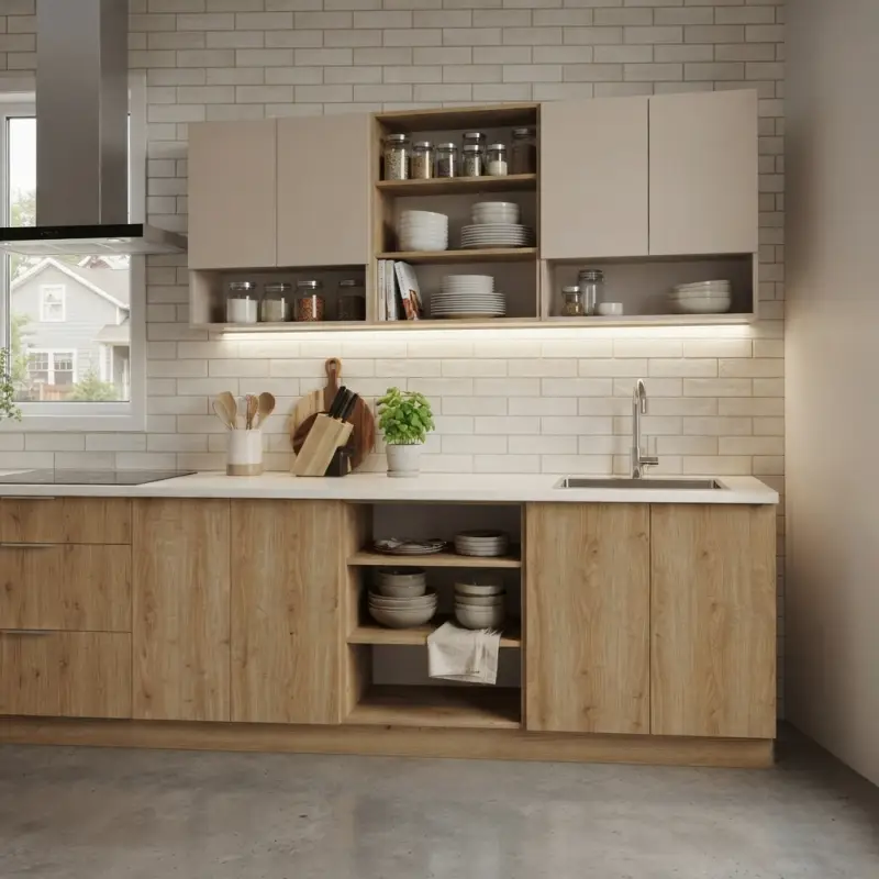 Kitchen Cabinet Kayu dengan Rak Terbuka dan Lemari Pintu [2]