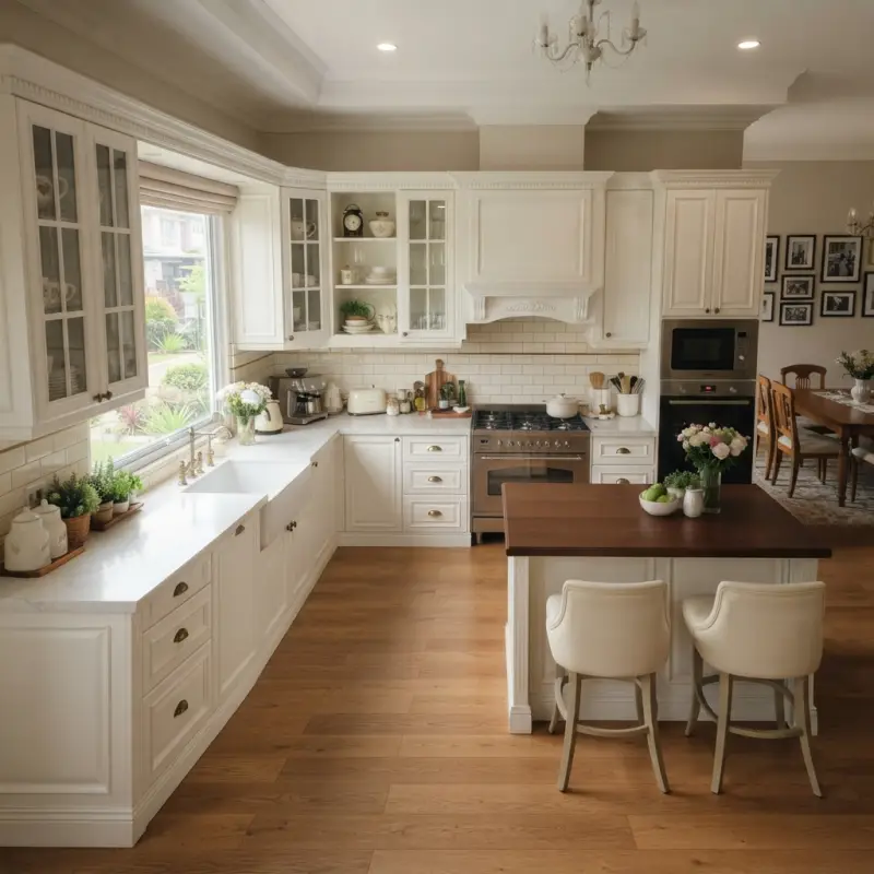 Kitchen Cabinet Klasik Putih dengan Island dan Kabinet Kaca [2]
