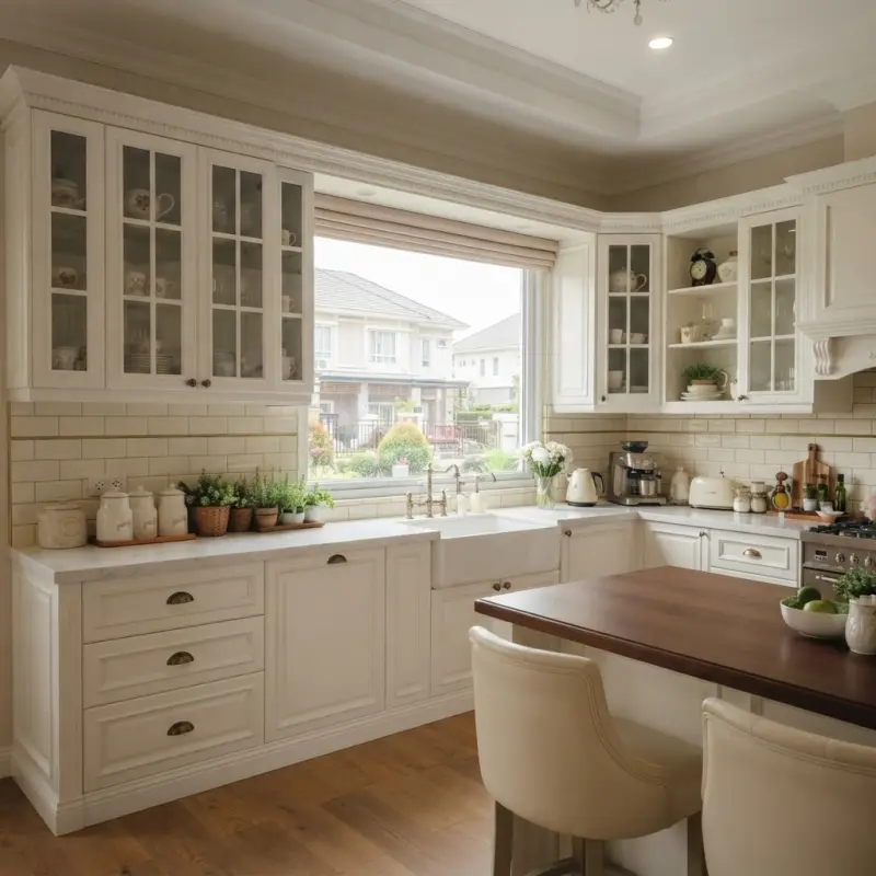 Kitchen Cabinet Klasik Putih dengan Island dan Kabinet Kaca [3]