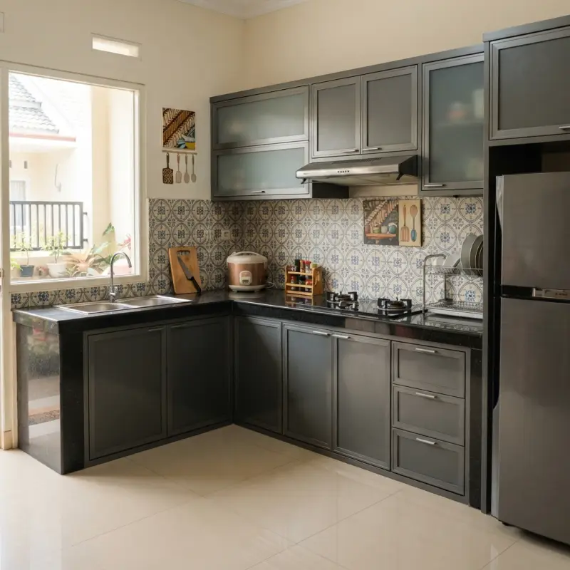 Kitchen Cabinet L-Shape Finishing Duco Abu dengan Countertop Granit Hitam [2]