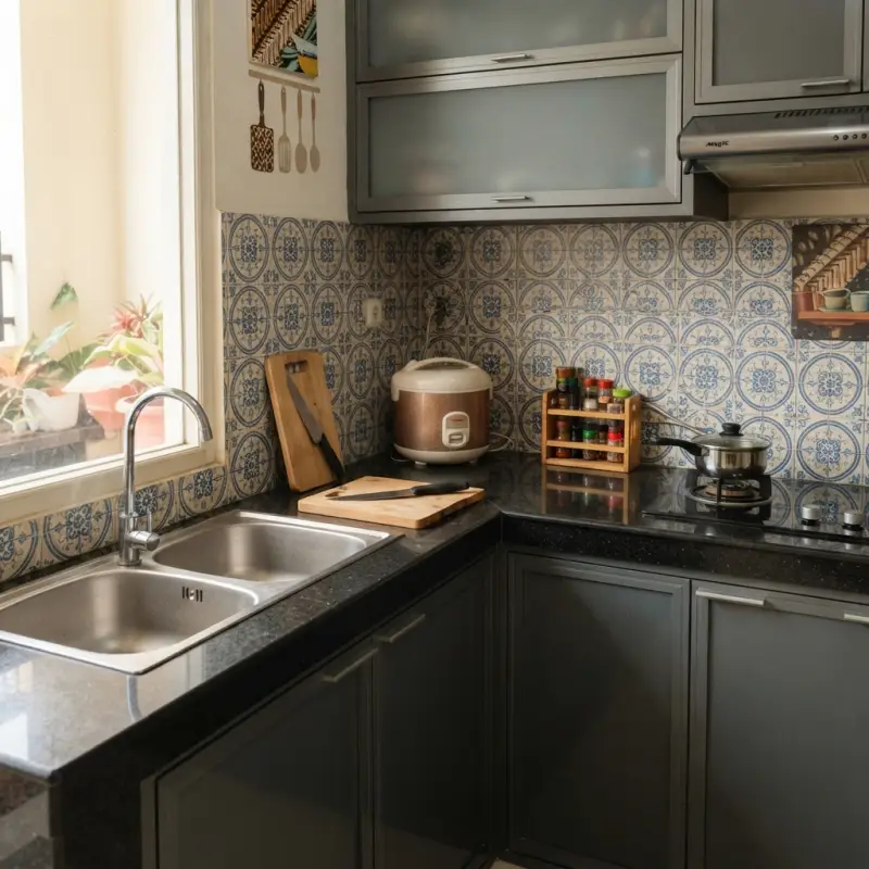 Kitchen Cabinet L-Shape Finishing Duco Abu dengan Countertop Granit Hitam [4]