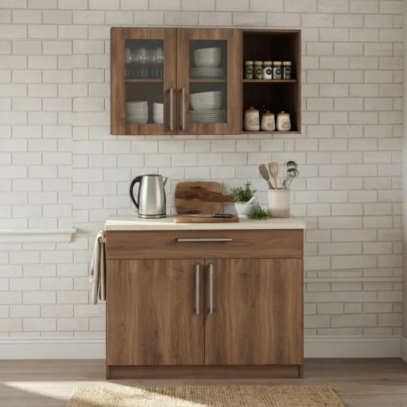 Kitchen Cabinet Set Walnut dengan Wall Cabinet Pintu Kaca [3]
