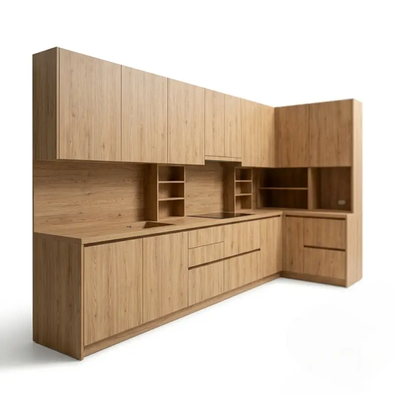 Kitchen Set Kayu Oak Minimalis dengan Upper Cabinet dan Rak Terbuka [2]