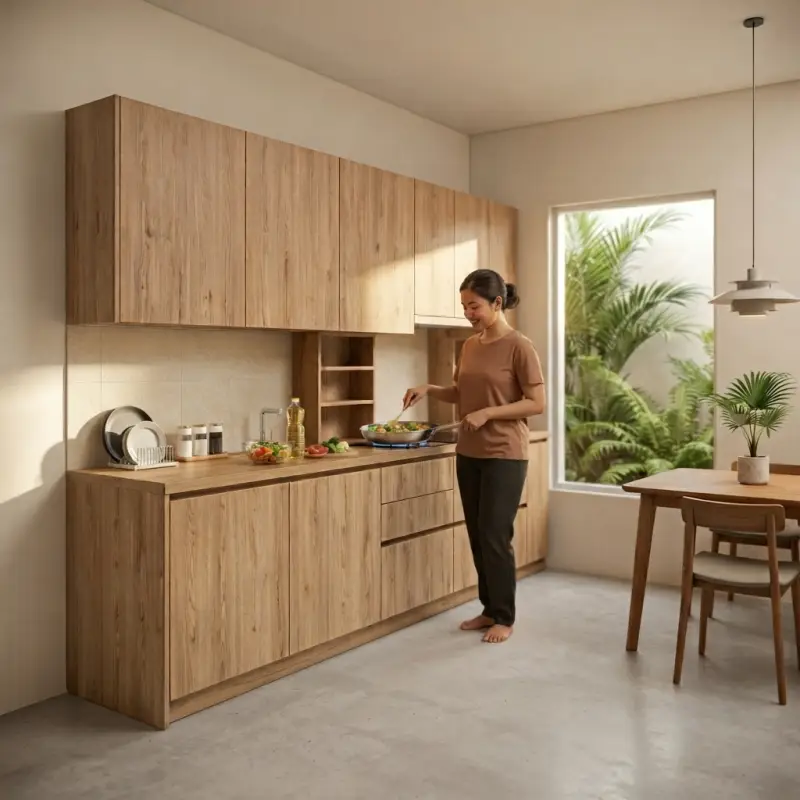 Kitchen Set Kayu Oak Minimalis dengan Upper Cabinet dan Rak Terbuka [5]