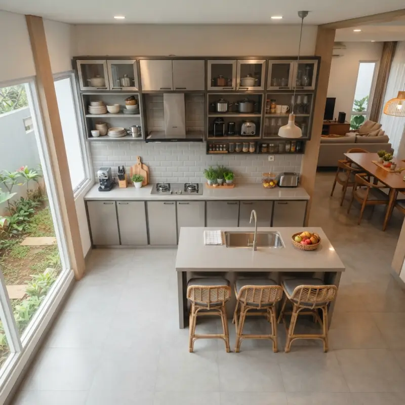 Kitchen Set Stainless dengan Kitchen Island dan Open Shelf [4]