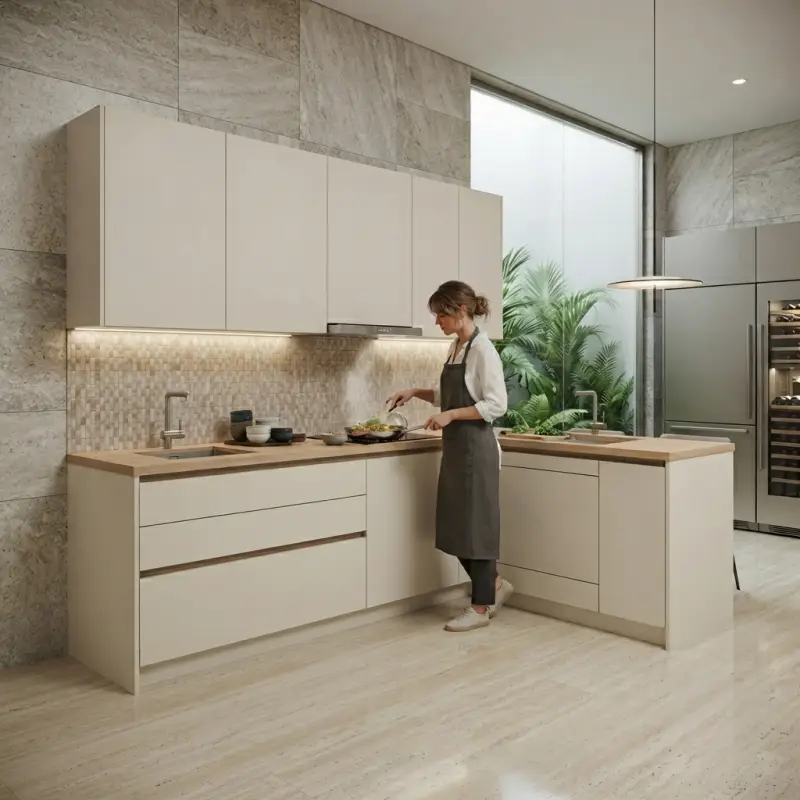Kitchen Set Sudut Minimalis Finishing Doff Kombinasi Kayu [4]