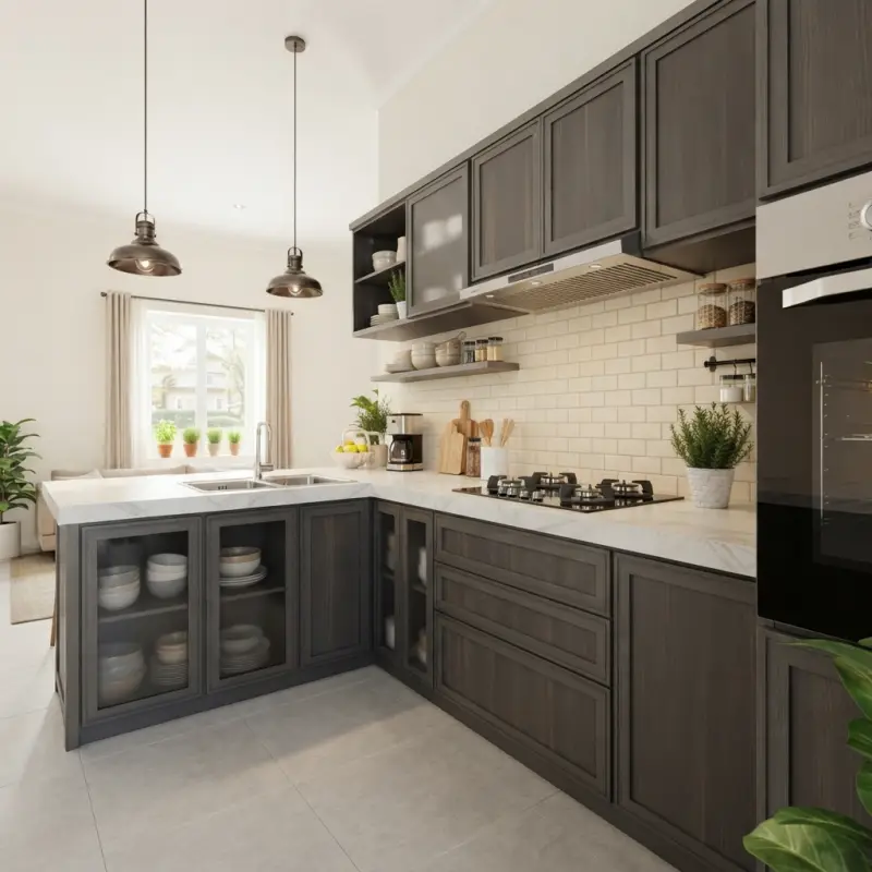 Kitchen Set U-Shape Dark Grey dengan Marble Countertop dan Glass Cabinet [3]