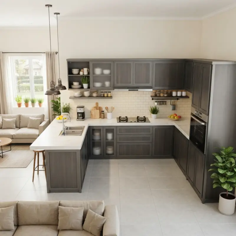Kitchen Set U-Shape Dark Grey dengan Marble Countertop dan Glass Cabinet [4]