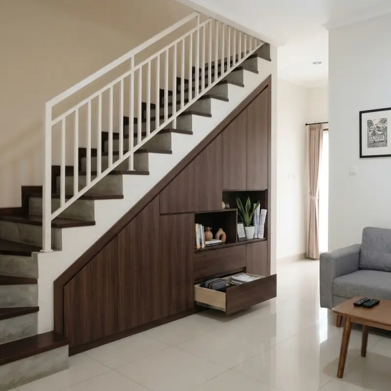 Lemari Bawah Tangga Minimalis dengan Rak Display dan Laci [2]