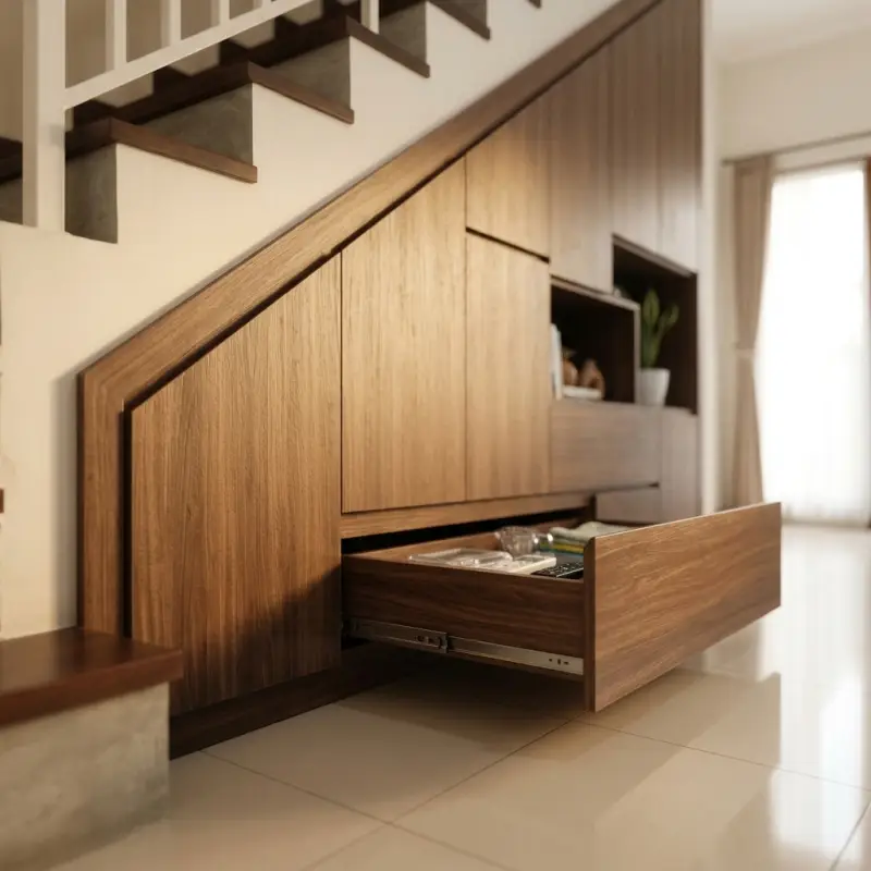 Lemari Bawah Tangga Minimalis dengan Rak Display dan Laci [3]