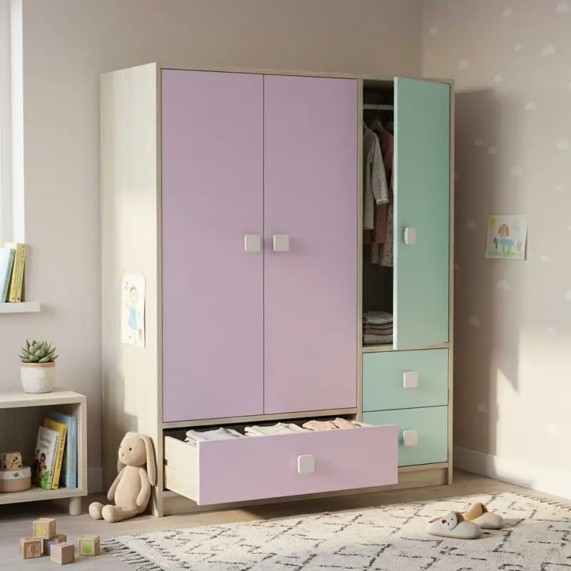 Lemari Pakaian Anak 3 Pintu Kombinasi Warna Pastel dengan Laci [4]