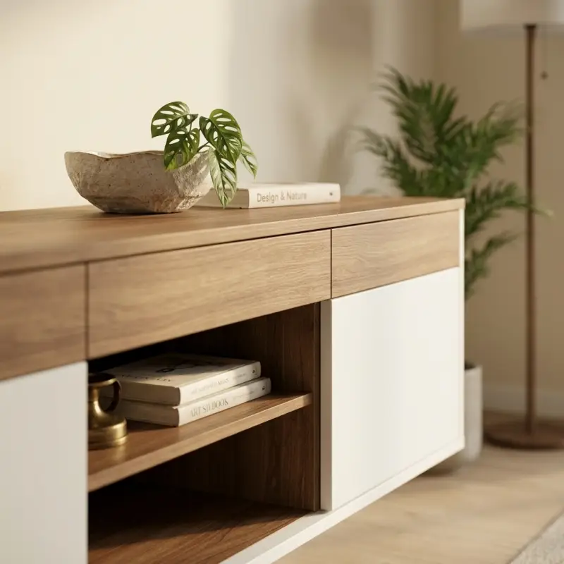 Lemari TV Floating Kayu Walnut Kombinasi Duco Putih [3]