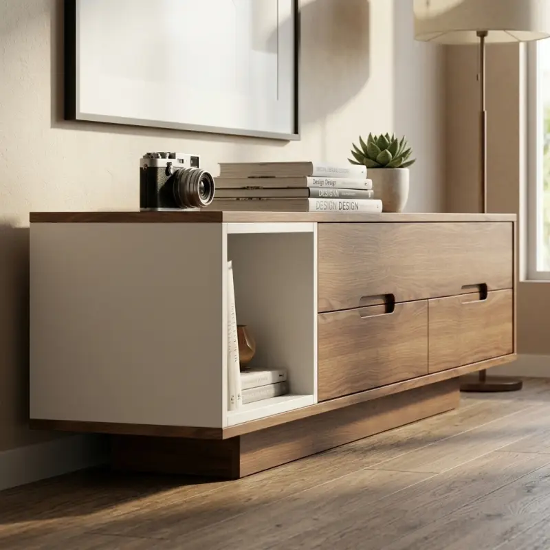 Lemari TV Kayu Minimalis Dua Laci dengan Open Shelf [2]