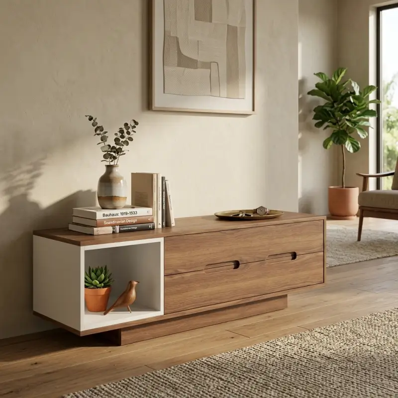 Lemari TV Kayu Minimalis Dua Laci dengan Open Shelf [4]