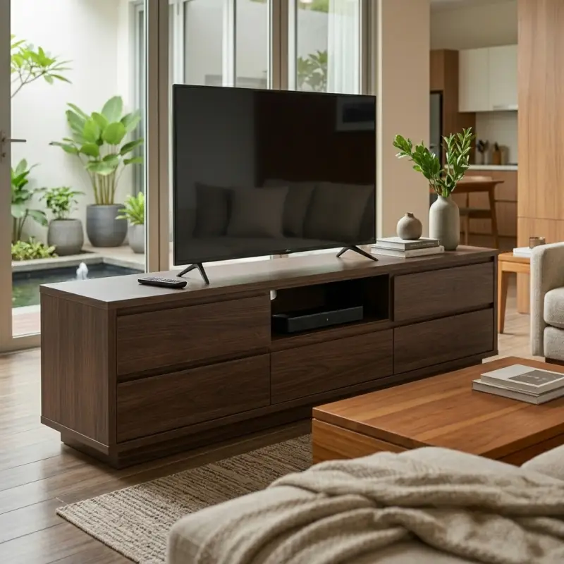 Lemari TV Kayu Walnut Minimalis dengan Laci dan Rak Terbuka [3]