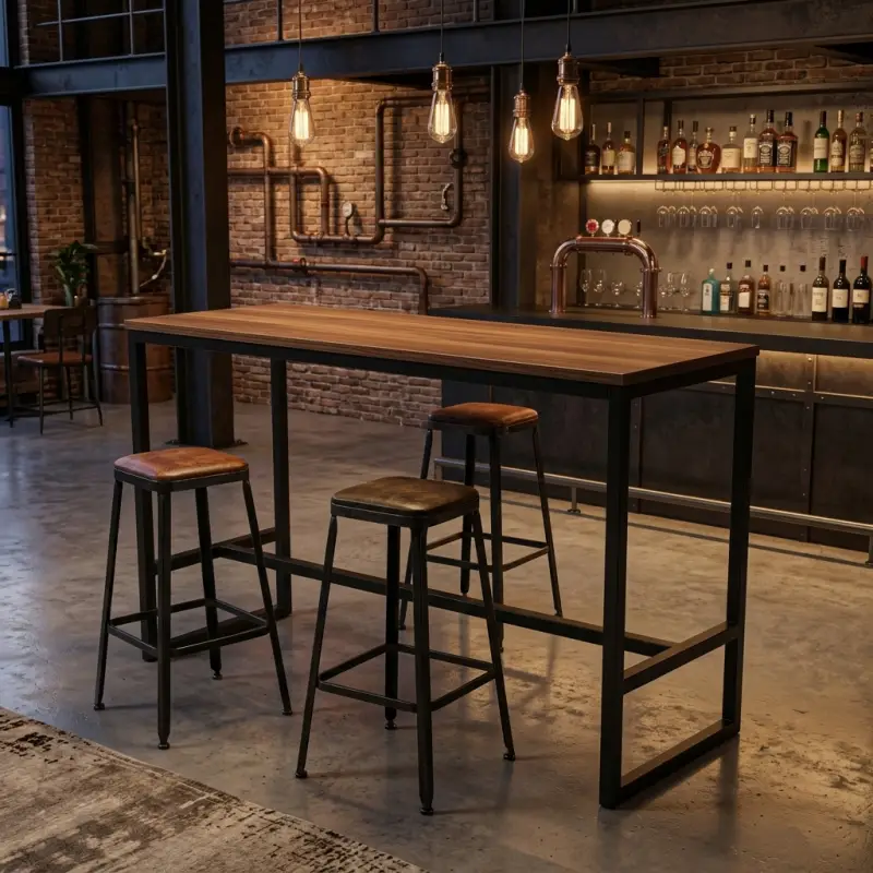 Meja Bar Industrial Rangka Besi Hollow Top Walnut [2]