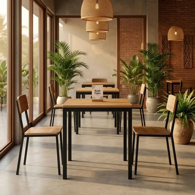 Meja Cafe Besi Hollow Top Kayu Solid [4]