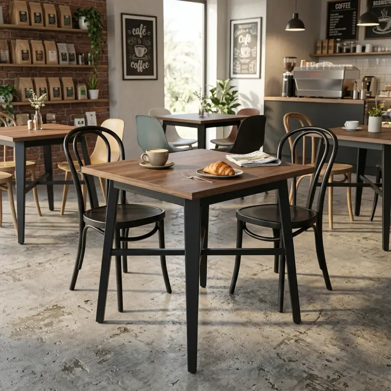 Meja Cafe Persegi Top Kayu Rangka Besi Hitam [4]