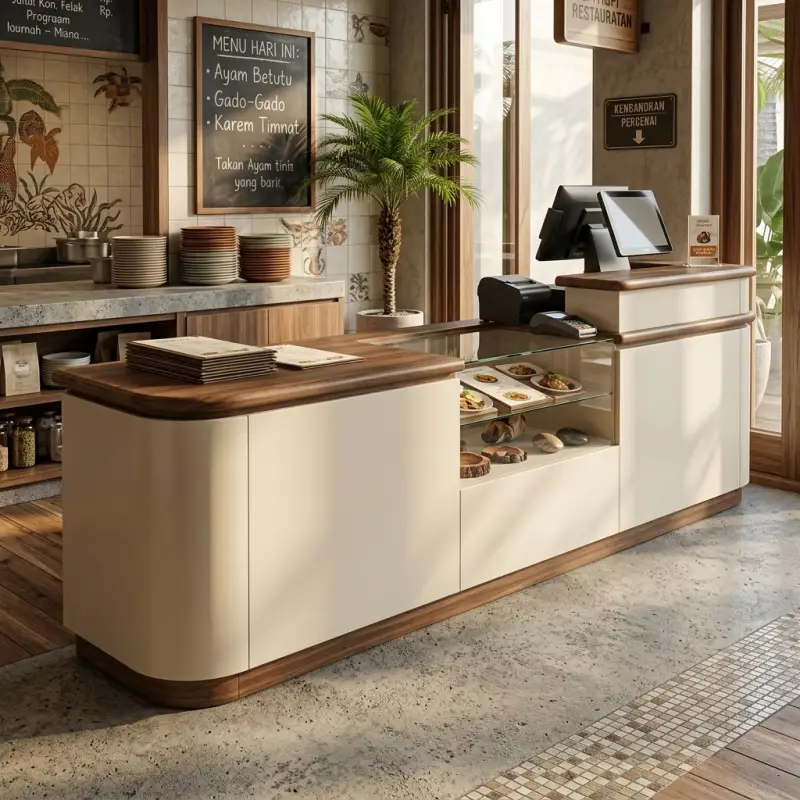 Meja Kasir Cafe Display Kaca Walnut Cream [2]