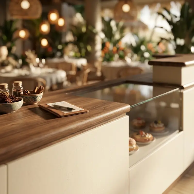 Meja Kasir Cafe Display Kaca Walnut Cream [3]
