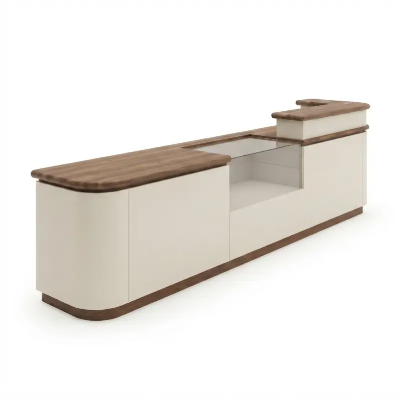 Meja Kasir Cafe Display Kaca Walnut Cream [5]