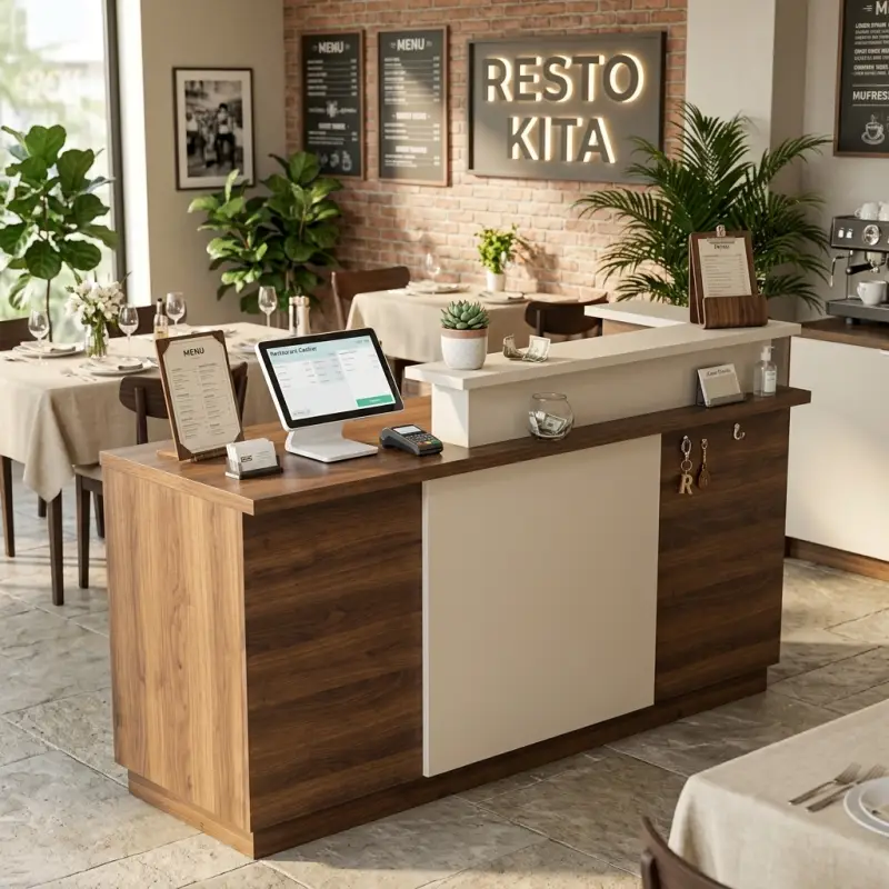 Meja Kasir Cafe Display Kaca Walnut Cream [3]