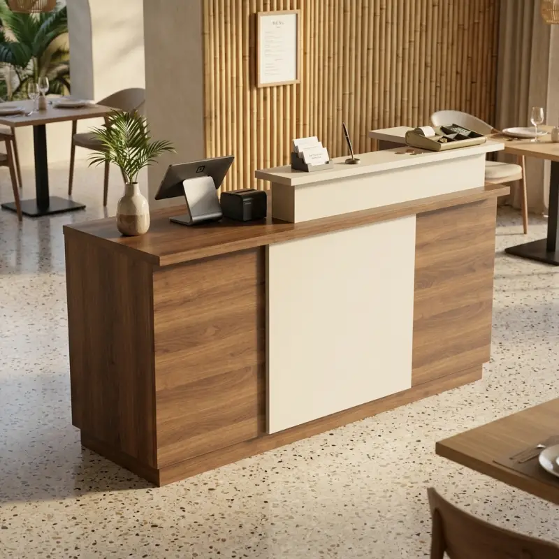 Meja Kasir Cafe Display Kaca Walnut Cream [4]