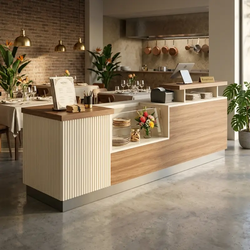 Meja Kasir Cafe Fluted Panel dengan Etalase Display [2]