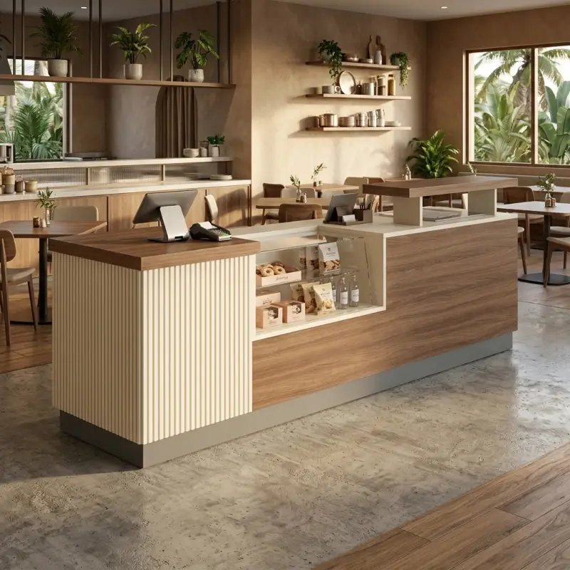 Meja Kasir Cafe Fluted Panel dengan Etalase Display [3]