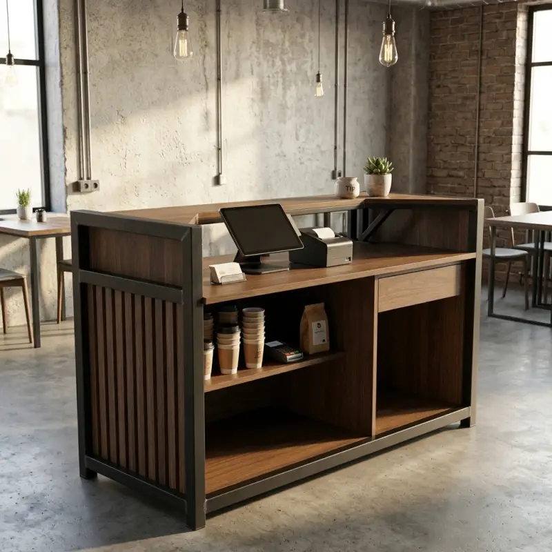Meja Kasir Industrial Rangka Besi Finishing Walnut [2]