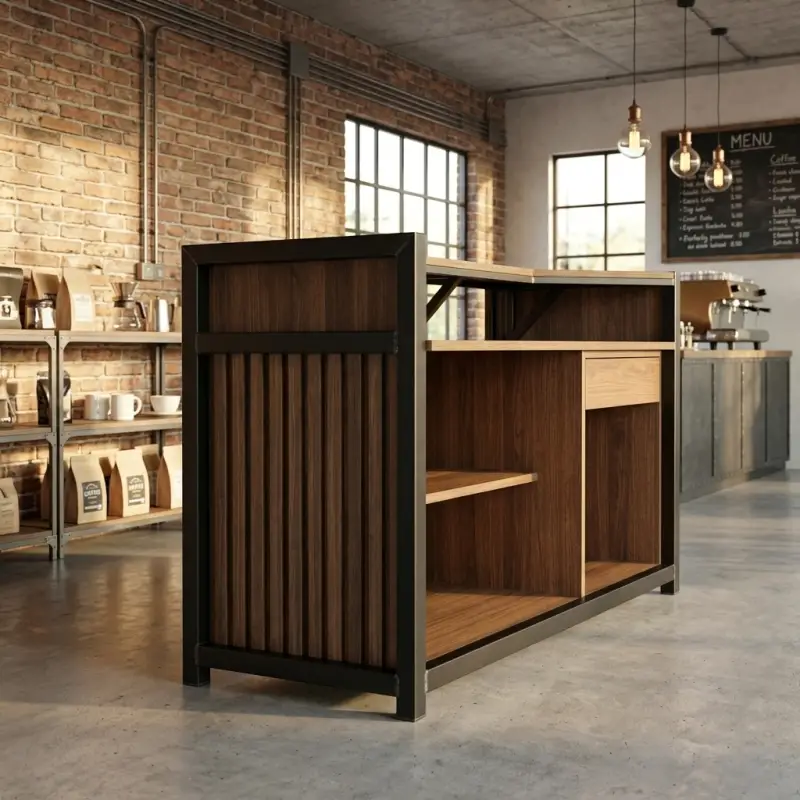 Meja Kasir Industrial Rangka Besi Finishing Walnut [3]