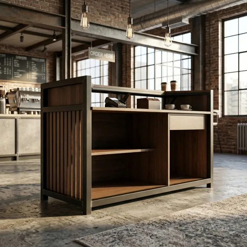Meja Kasir Industrial Rangka Besi Finishing Walnut [5]