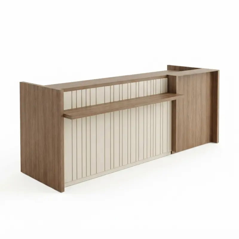 Meja Kasir Kayu Scandinavian dengan Rak Tengah dan Panel Slatwall [5]