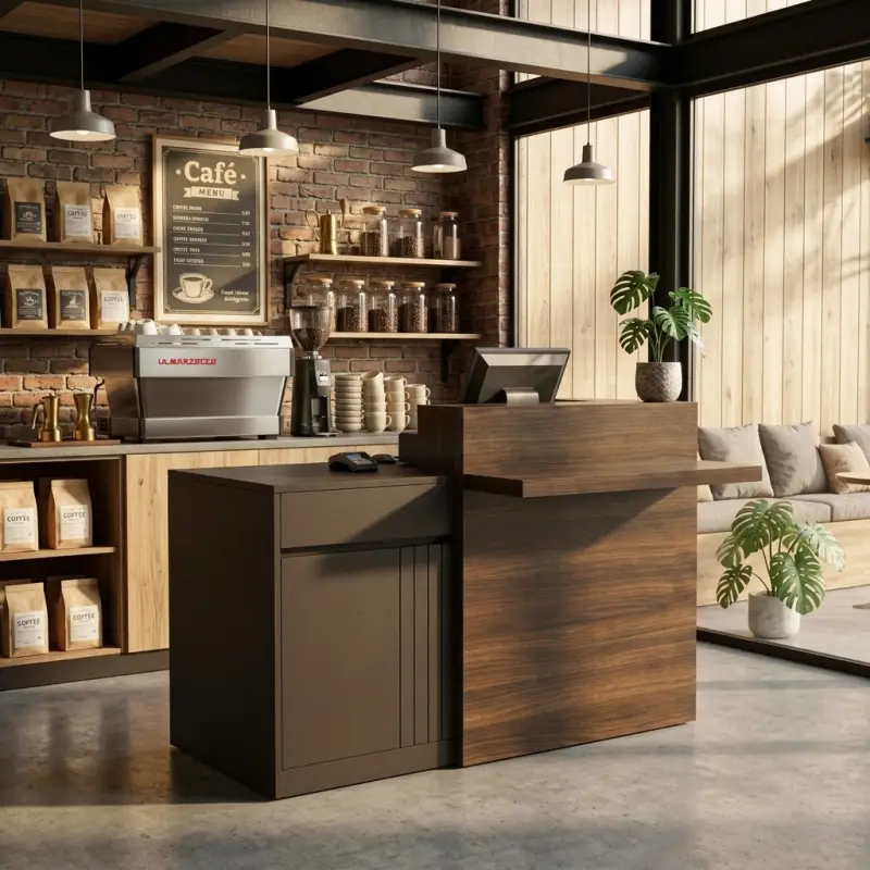 Meja Kasir Kombinasi Kayu Walnut dan Metal untuk Cafe [4]